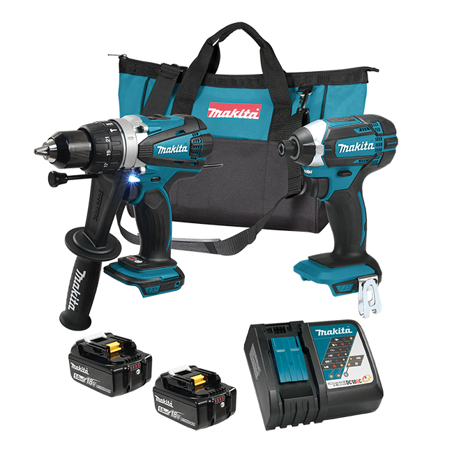 Combo Makita perceuse DHP458Z et tournevis‑impact DTD152Z avec deux batteries 18 V et chargeur rapide sur fond neutre